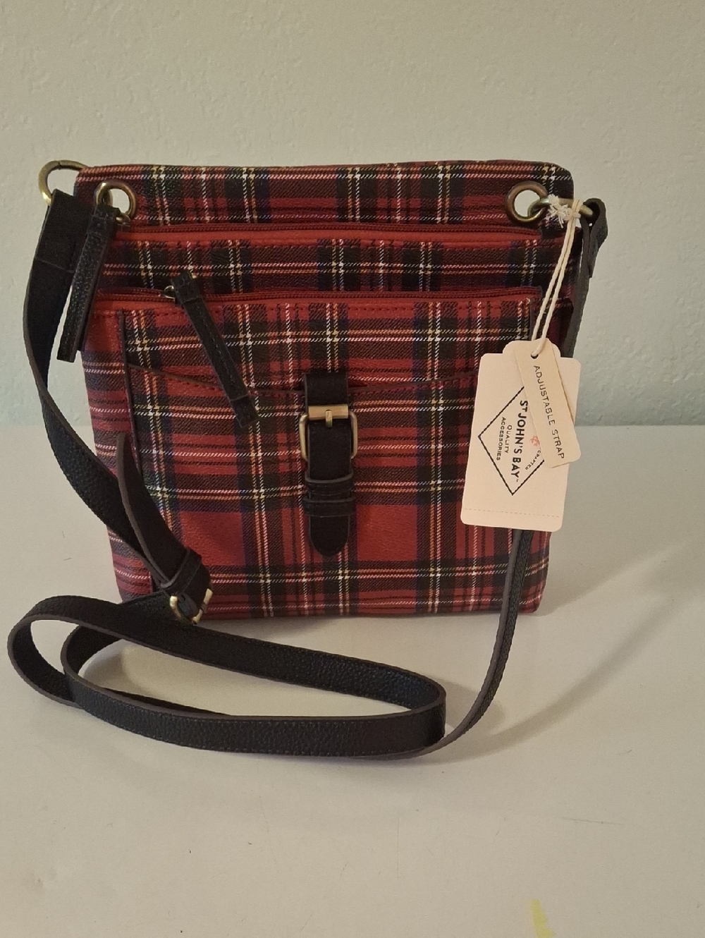 St. John's Bay Red Plaid Crossbody with Black Strap and Gold Hardware